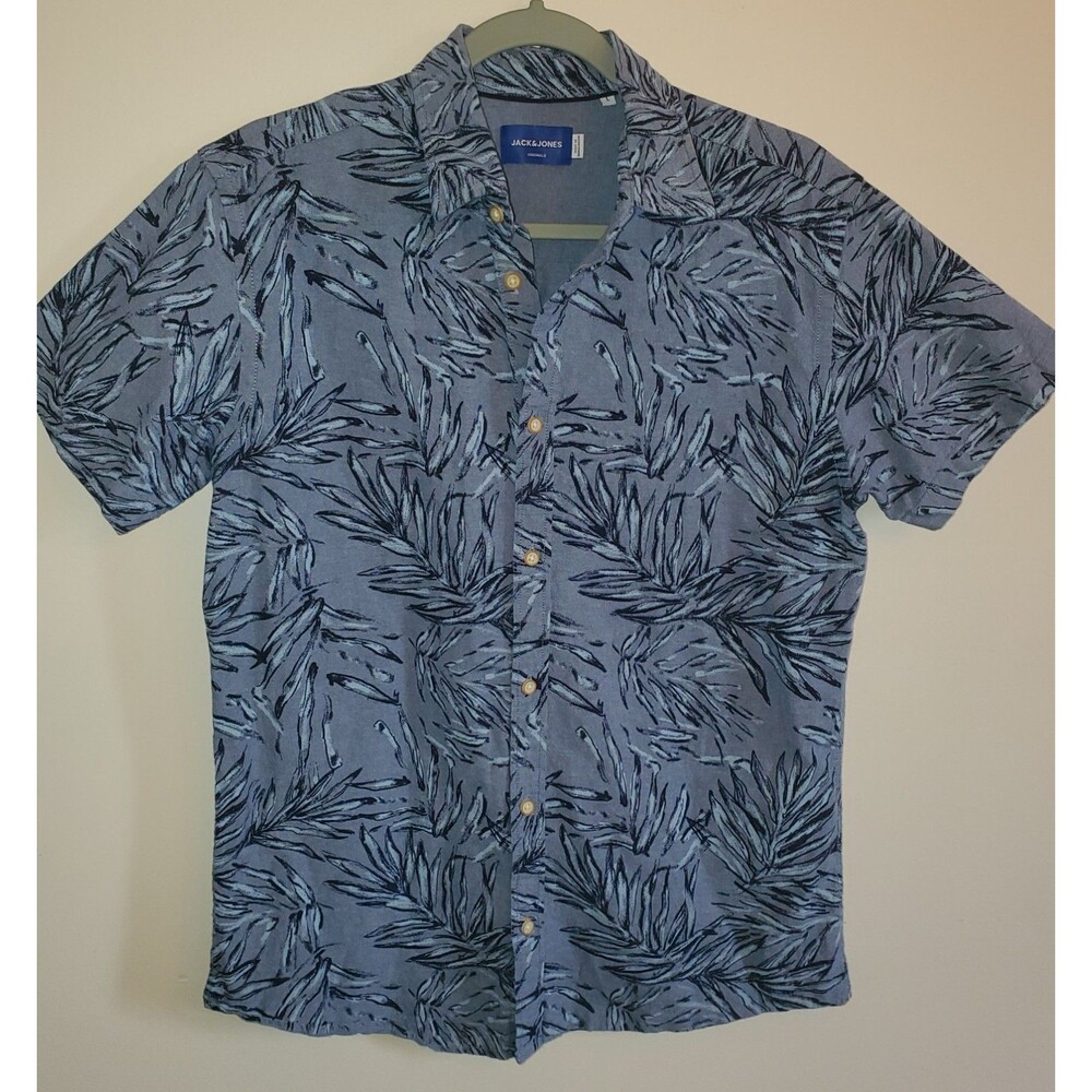 Jack & Jones Blue Tropical Leaf Print Short Sleeve Resort Jor Cali Shirt Size L